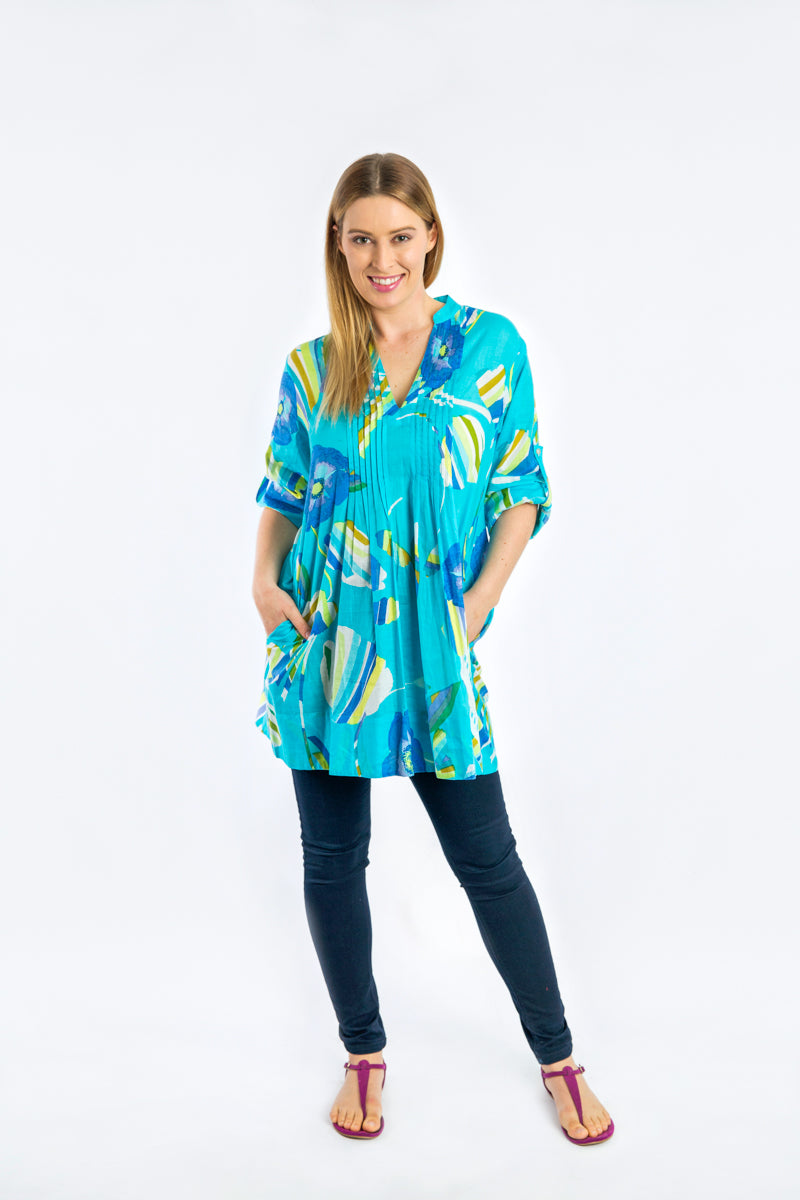 Tully Top in Aqua Poppies