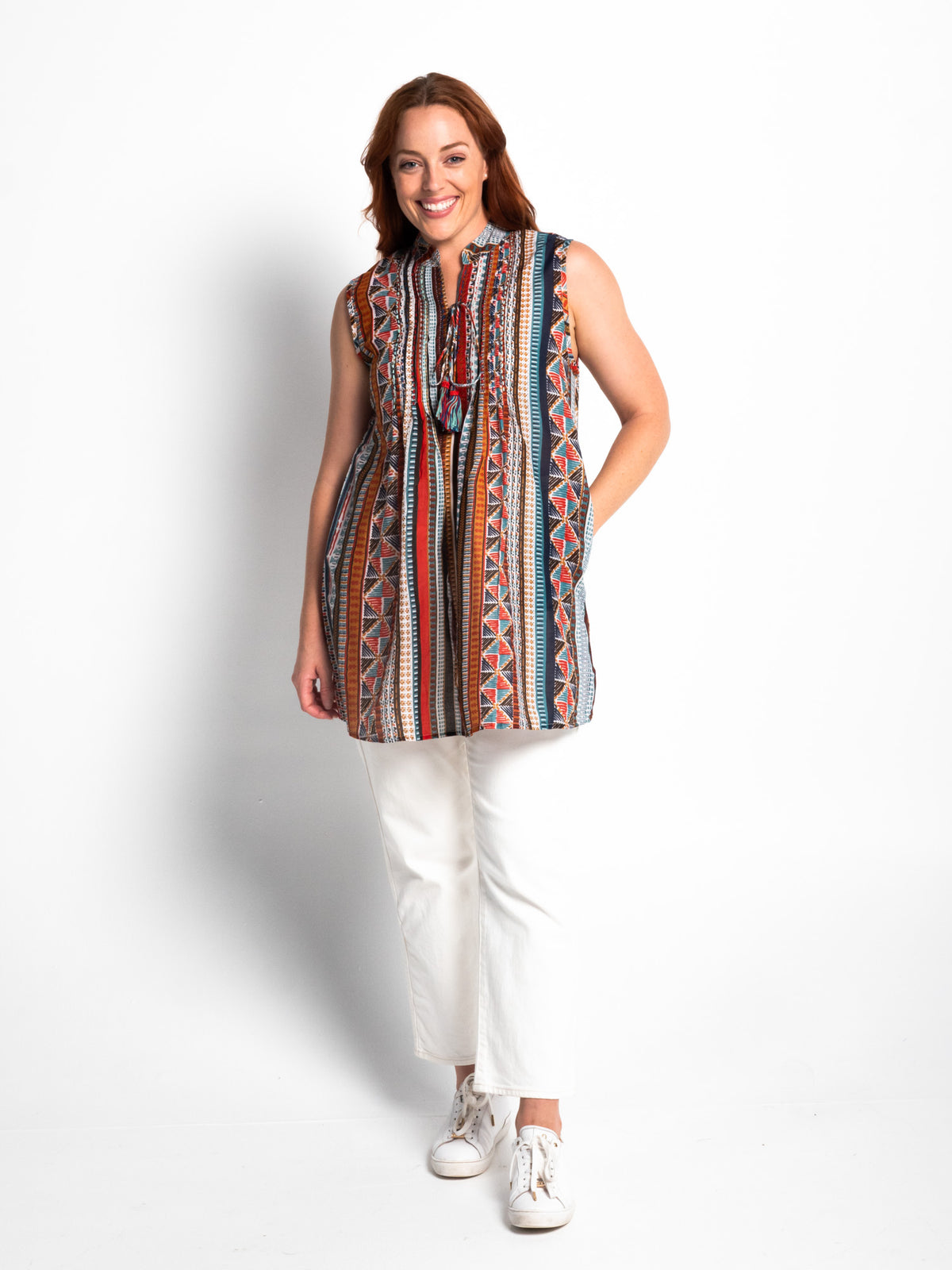 Embroidered Sleeveless Long Top in Geo Stripe Print