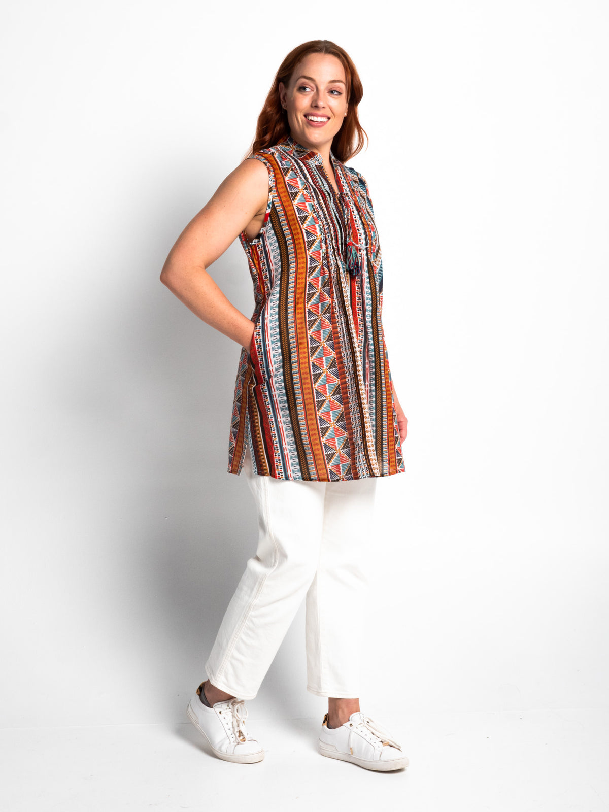 Embroidered Sleeveless Long Top in Geo Stripe Print