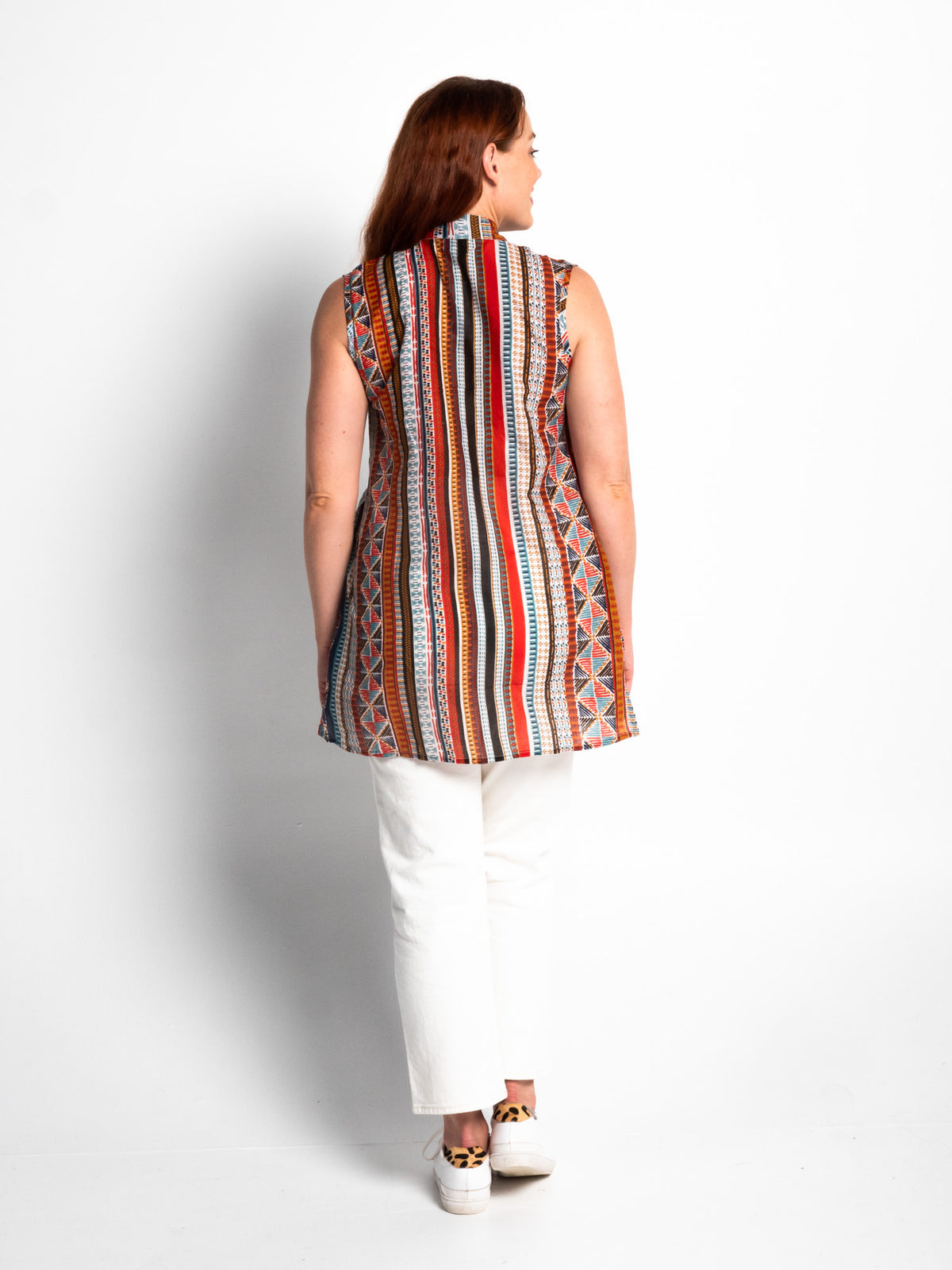 Embroidered Sleeveless Long Top in Geo Stripe Print