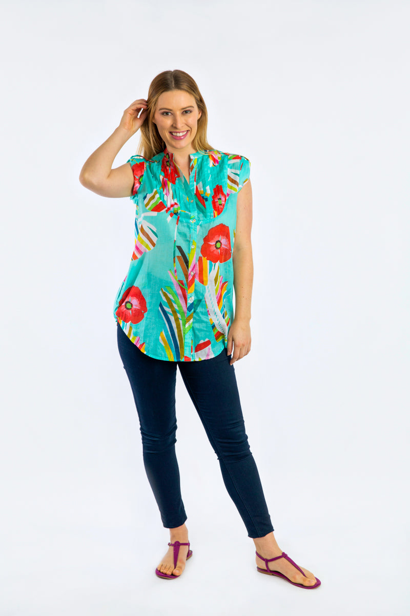 Magnetic Cap Sleeve Shirt in Turquoise Poppies