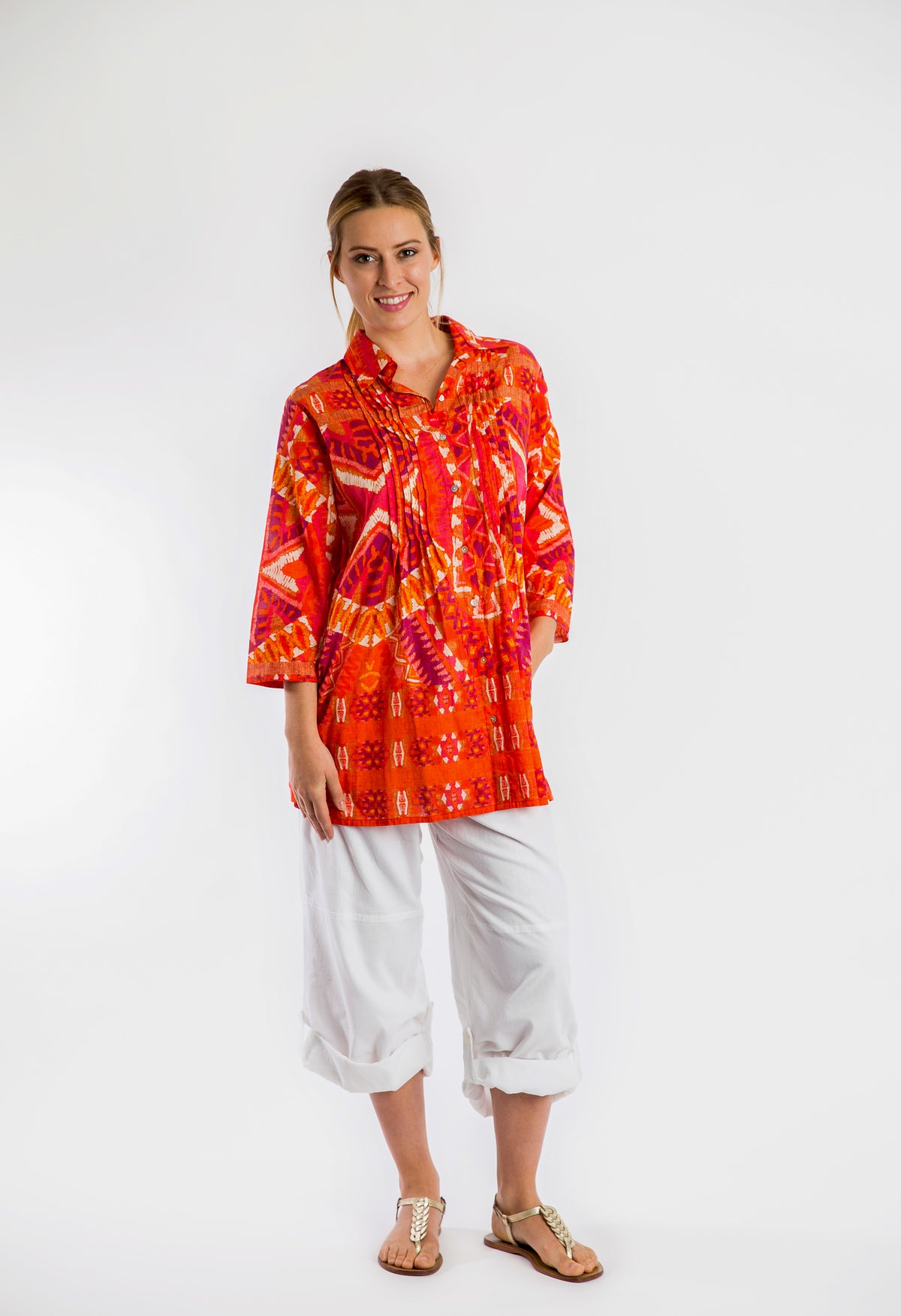 Maroochy Long Collared Pleated Shirt in Blood Orange