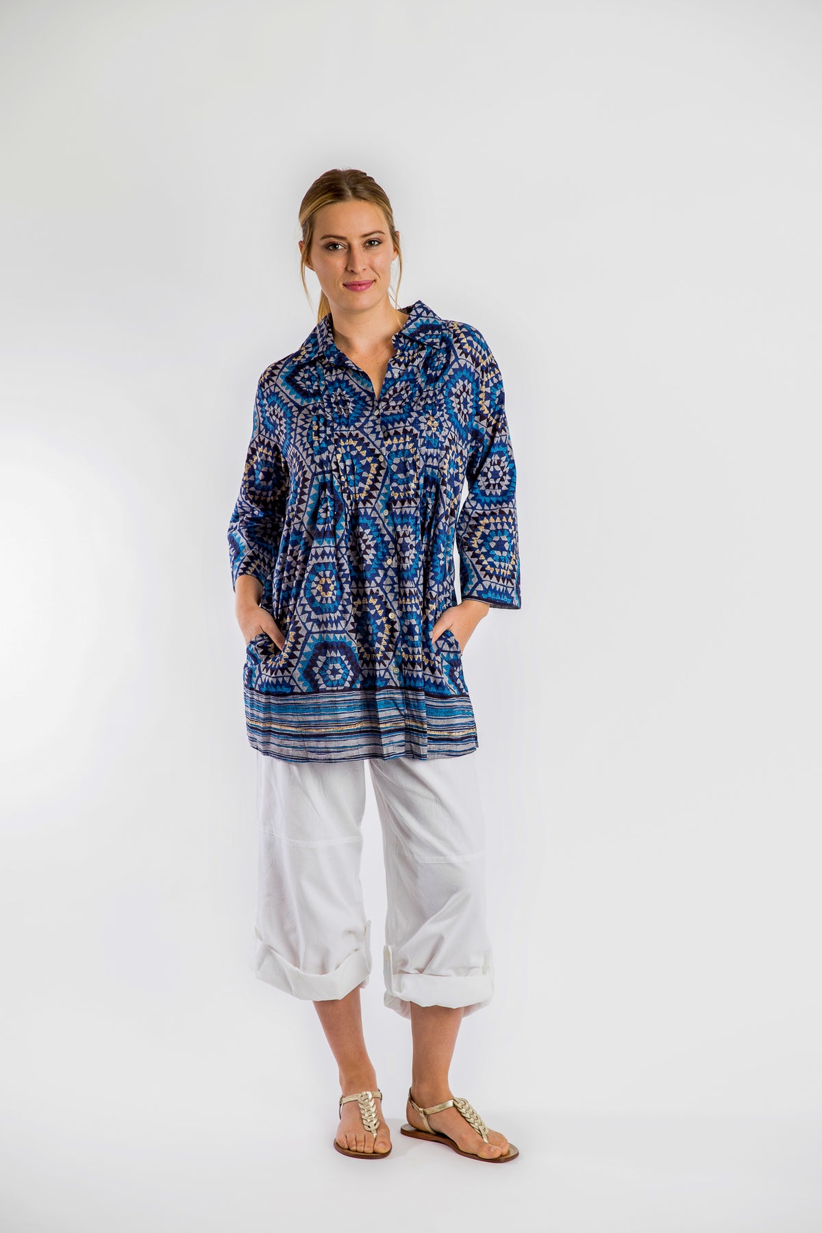 Maroochy Long Collared Pleated Shirt in Blue Hex
