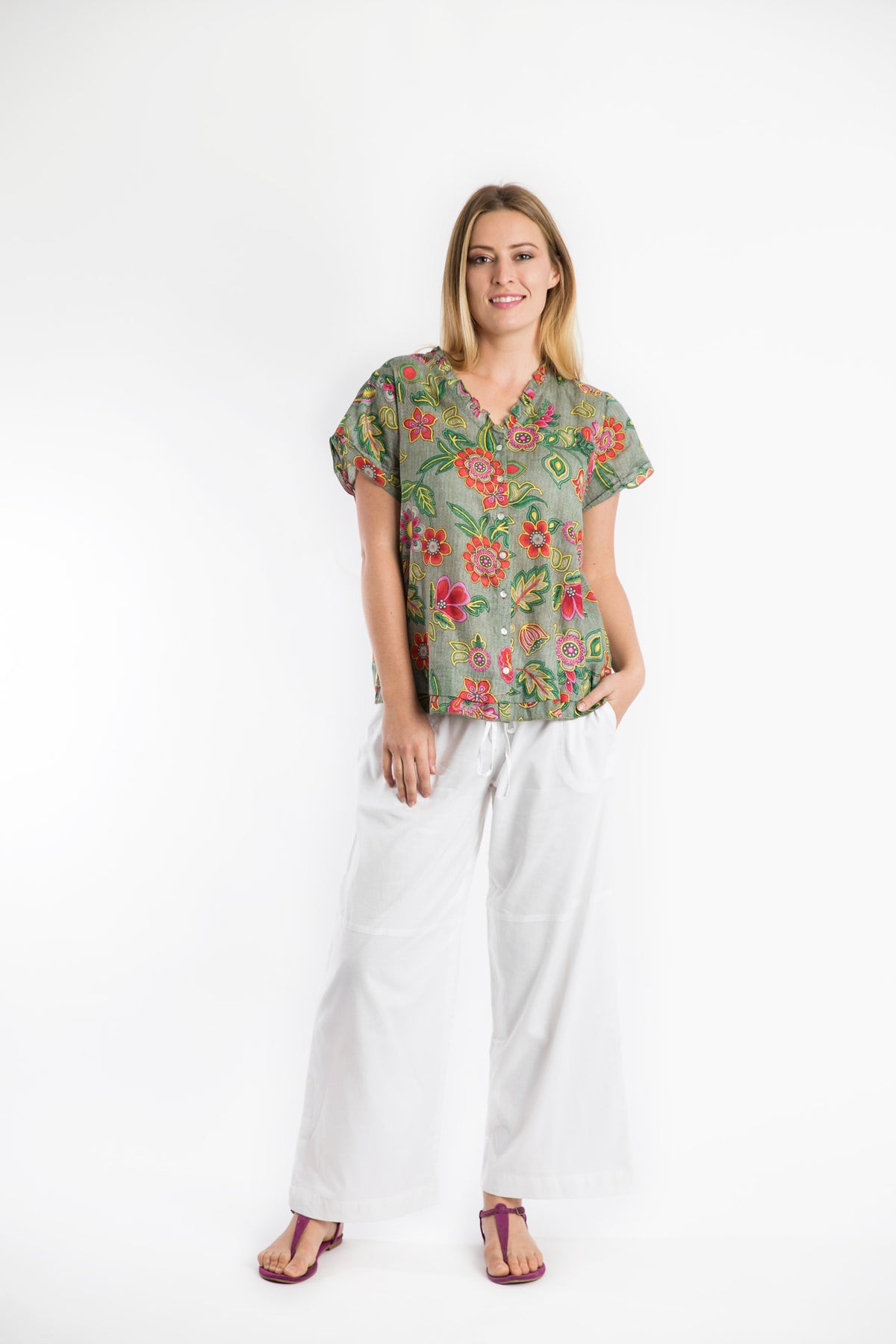 Capricorn waist length shirt in Olive Floral