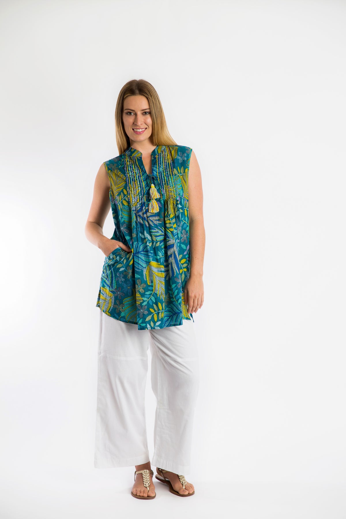 Casuarina Embroidered Sleeveless Mid-length Top in Turquoise Fern