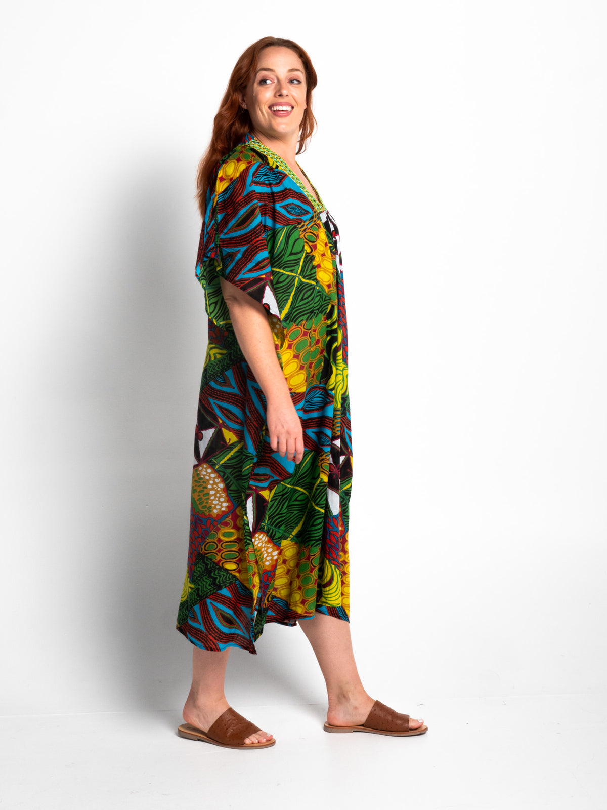 Free Size Peregian Kaftan in Green Festival Print