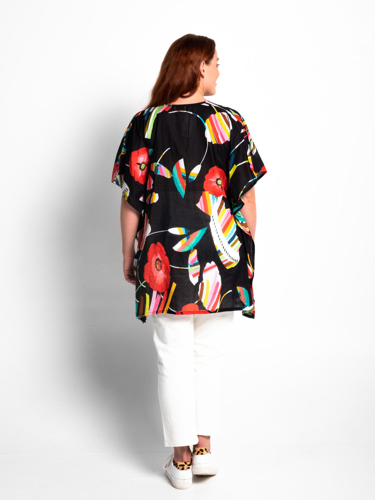 Poncho Style V-neck Top in Black Poppies