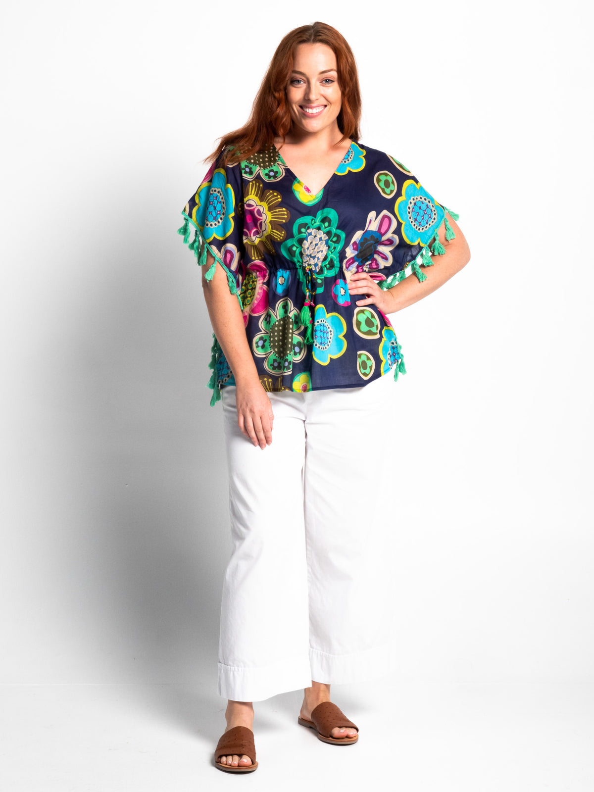 Chilli Tassel Top in Blue Deco Floral